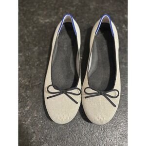Rothy's The Point Ballet Flats Cream Knit Blue Trim Bow Size 10.5‎